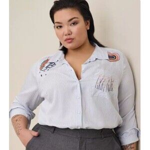 Torrid Lizzie Rayon Twill Embroidered Button Up Long Sleeve Top Size L